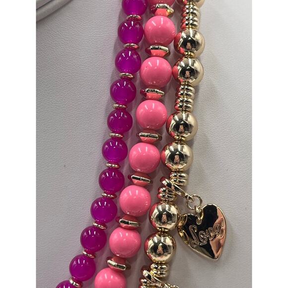 Lilly Pulitzer Triple Strand PINK Beaded GOLD HEART CHARM Love Necklace New - Picture 7 of 13